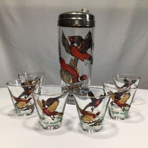 Vintage 1950’s Glass cocktail shaker + shot glasses